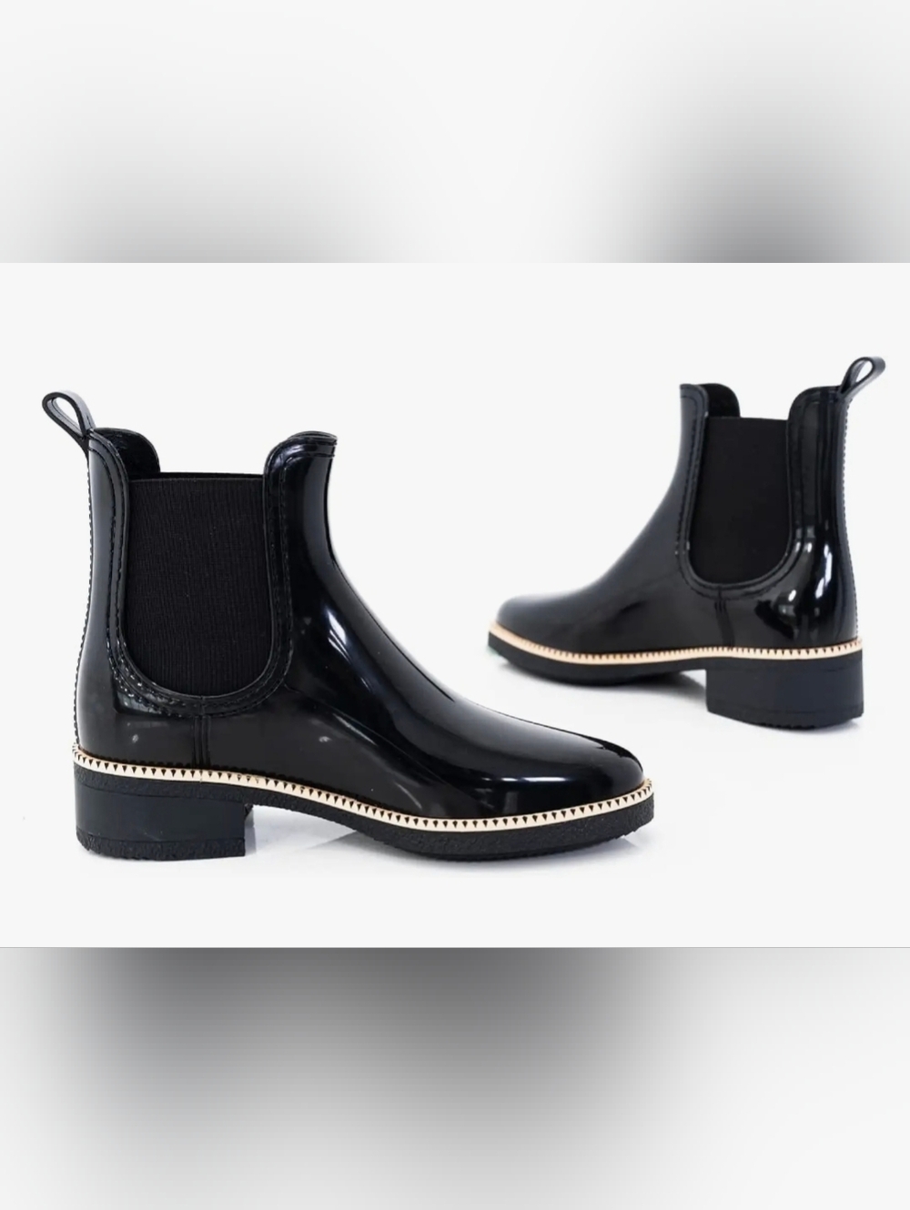 Lemon Jelly Ava Black Ankle Rain Boots, a glossy, vegan Chelsea-style boot, EU39